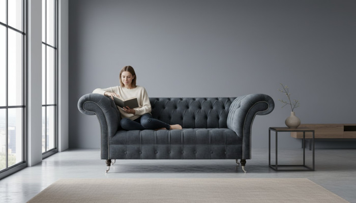 Grauer Luxuriöser Chesterfield Dreisitzer Edle Designer Polstercouchen