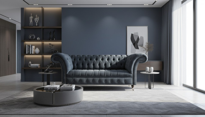 Grauer Luxuriöser Chesterfield Dreisitzer Edle Designer Polstercouchen