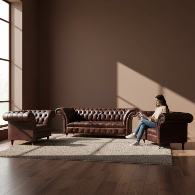Luxus Braune Chesterfield Ledermöbel Designer Dreisitzer 2x Sessel 3tlg