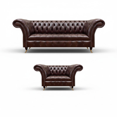 Luxuriöses Braunes Chesterfield Lederset Designer 3-Sitzer Sessel 2tlg