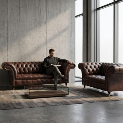 Schicke Braune Chesterfield Ledergarnitur Edle Sofas 3-Sitzer 2-Sitzer