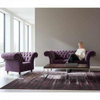 Lila Chesterfield Polstermöbel Designer Wohnzimmer Sofagarnitur 2tlg