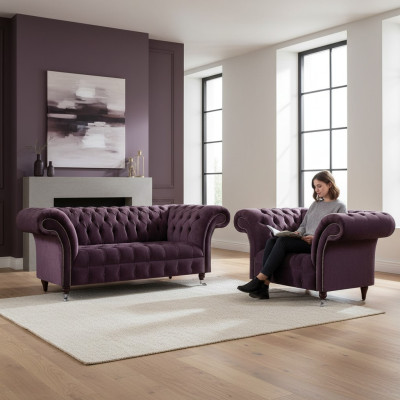 Komplette Lila Chesterfield Sitzgarnitur Textil Dreisitzer 2-Sitzer 2tlg