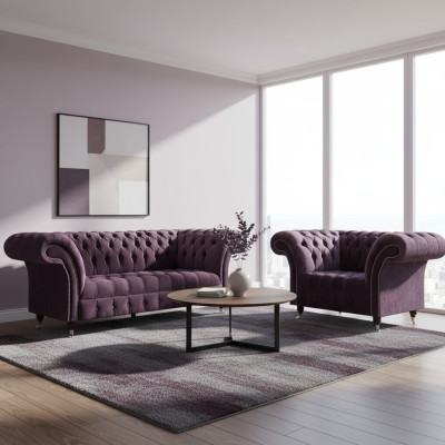 Komplette Lila Chesterfield Sitzgarnitur Textil Dreisitzer 2-Sitzer 2tlg