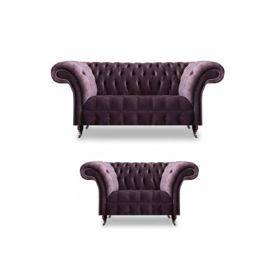 Komplette Lila Chesterfield Sitzgarnitur Textil Dreisitzer 2-Sitzer 2tlg