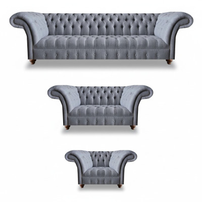 Hellgraue Chesterfield Polstergarnitur Designer Textil Sofas Sessel 3tlg