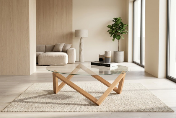  Couchtisch im modernen Stil runde Glastischplatte Wohnzimmer Holzbeine