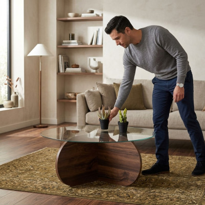  Moderner Couchtisch Wohnzimmer Glas dunkelbraunes Holz Spanplatte Neu