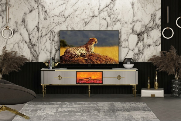  Wohnzimmer TV Lowboard hochwertige Materialien MDF Metall weiß + gold