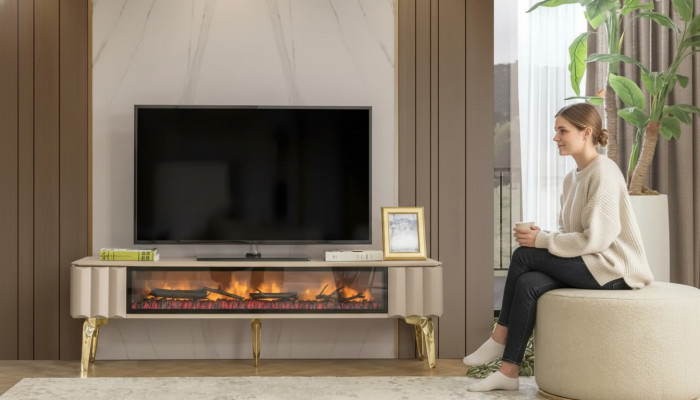  Sideboard RTV Wohnzimmer Luxusmöbel Kamin Beige MDF Metall Lowboard
