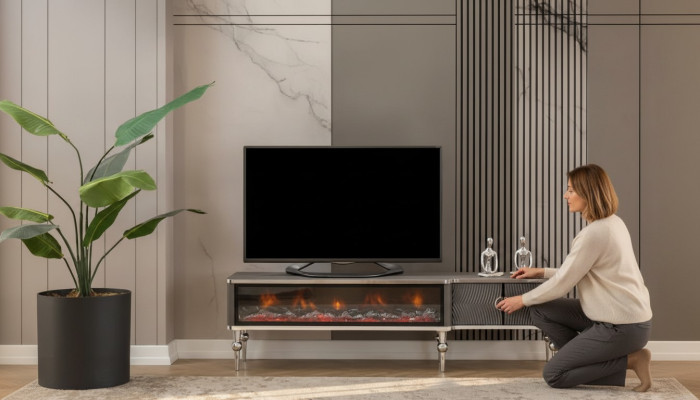 TV-Sideboard Kamin Metall Holz MDF Spanplatte Luxusmöbel neue Weiß RTV