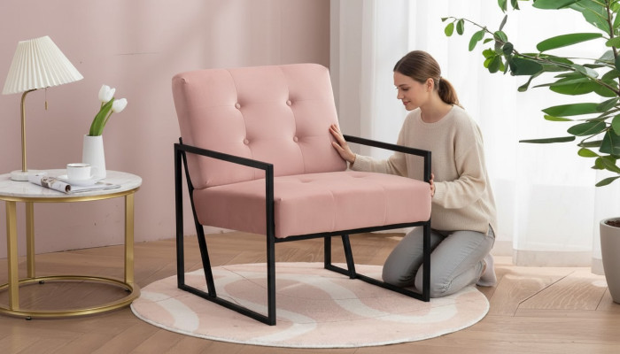  Bequemer Sessel 1-Sitzer Wohnzimmer Rosa Textilpolsterung Metallbeine