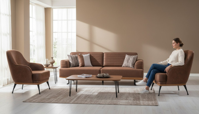 Modern Dreisitzer Sofa und Sessel Braun Polstermöbel Set für Wohnzimmer