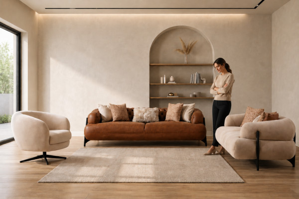 Braun-Weiße Wohnzimmer Couchgarnitur Exklusive Dreisitzer Sofas Sessel