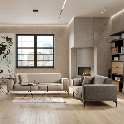 Weiß-Graue Polstersofas Designer Wohnzimmer Textil Couchen 2x 3-Sitzer