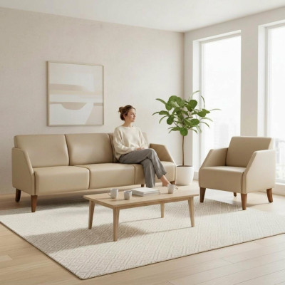 Beiges Wohhnzimmer Lederset Designer 3-Sitzer Exklusiver Sessel 2tlg