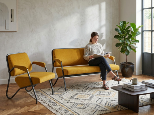 Luxuriöses Gelbes Wohnzimmer Sitzset Designer 3-Sitzer Lehnsessel 2tlg