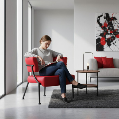 Luxuriöser Roter Sessel Designer Leder Einsitzer Polster Clubsessel