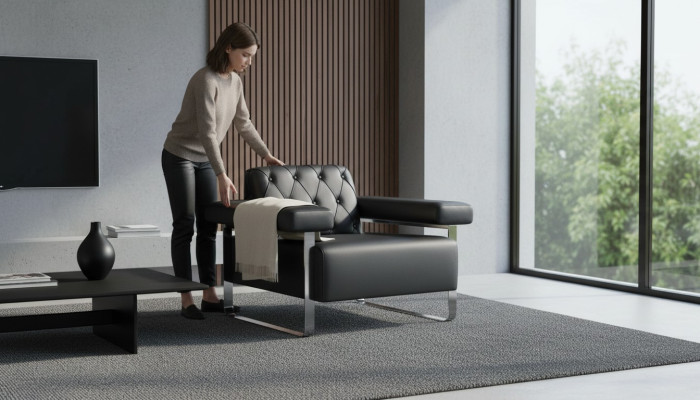 Ledersofa Chesterfield Design 1-Sitzer Schwarz Edelstahl Büro Sitzmöbel