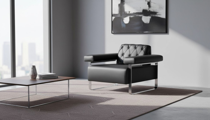 Ledersofa Chesterfield Design 1-Sitzer Schwarz Edelstahl Büro Sitzmöbel