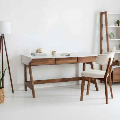 Weiß-Brauner Arbeitszimmer Schreibtisch Robuster Laptoptisch Holz Möbel