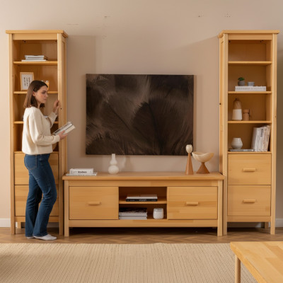 Luxuriöse Beige Wohnzimmer Garnitur RTV-Ständer 2x Holz Vitrinen 3tlg