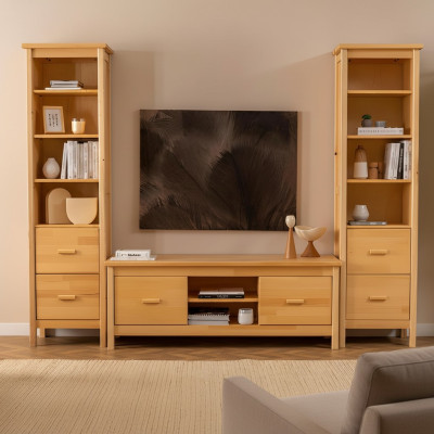 Luxuriöse Beige Wohnzimmer Garnitur RTV-Ständer 2x Holz Vitrinen 3tlg