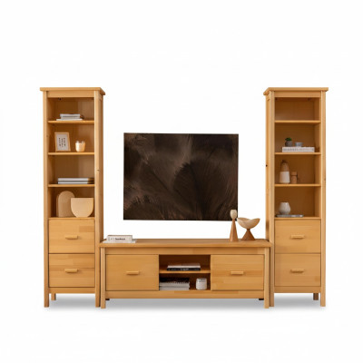 Luxuriöse Beige Wohnzimmer Garnitur RTV-Ständer 2x Holz Vitrinen 3tlg