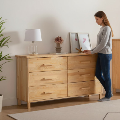 Luxuriöse Beige Kommode Schlafzimmer 6-Schubladen Holz Ablage Kommode