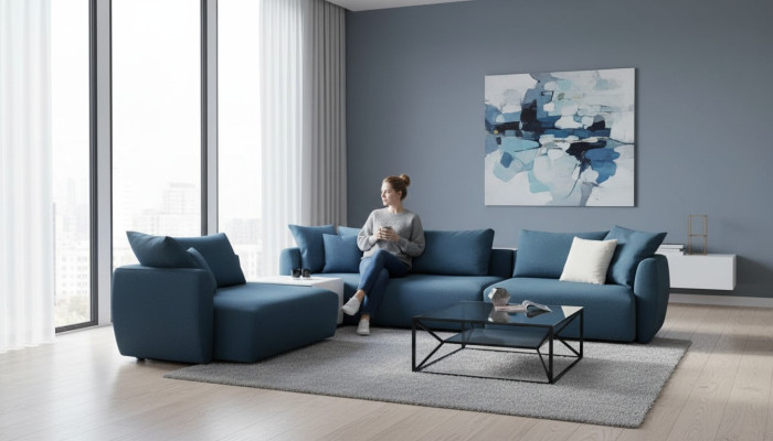 Luxusný moderný modrý L tvarovaný rohový gauč do obývačky
