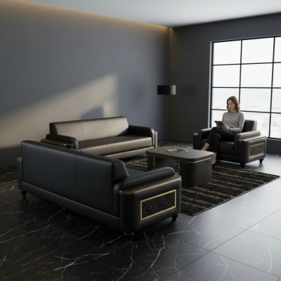 Schwarz 3-Sitzer Sofa Sessel Braun Couchtisch Modern Design Arbeitszimmer