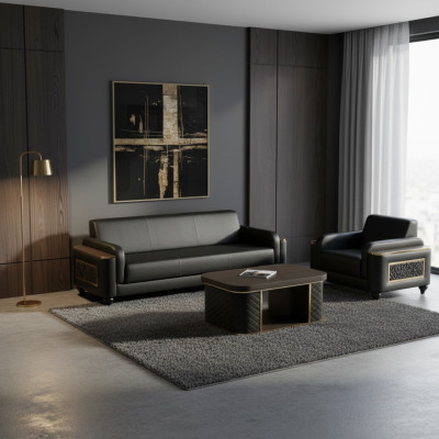 Schwarz 3-Sitzer Sofa Sessel Braun Couchtisch Modern Design Arbeitszimmer