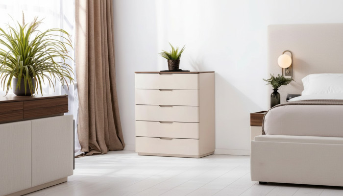 Stilvolle Beige Kommode Holz Schlafzimmer Möbel 5 Schubladen Designer