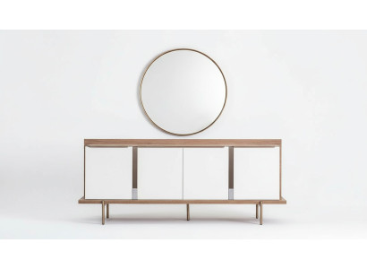 Stylish Weiß Braun Sideboard Rund Spiegel Designer Holzmöbel Esszimmer