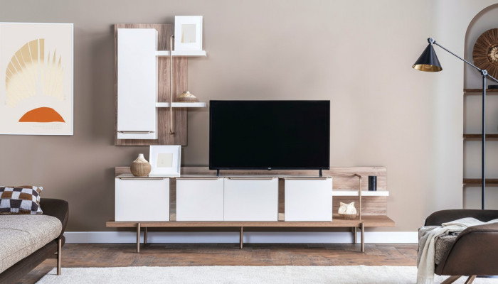 Stilvolles Weißes Hellbraunes Wohnzimmer Set RTV Regal Holz Lowboard