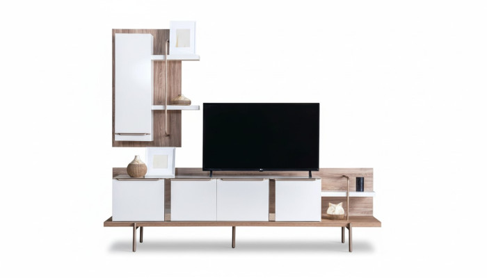 Stilvolles Weißes Hellbraunes Wohnzimmer Set RTV Regal Holz Lowboard