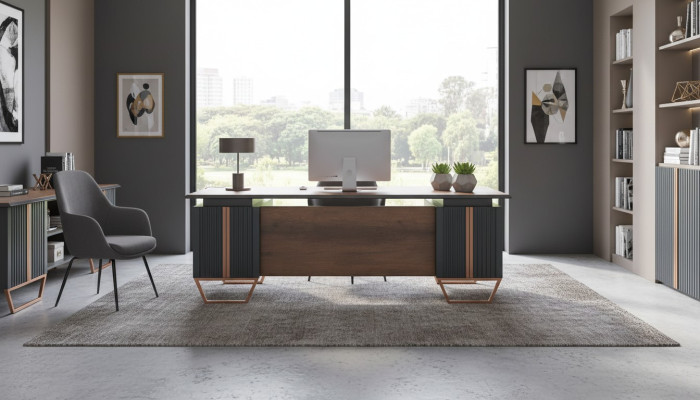 Schreibtisch Arbeitszimmer Bürotisch Rechteckig Form Grau Braun Zweifarbig
