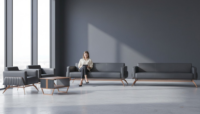 Hellgraue Leder Büromöbel Designer Arbeitszimmer Lehnsessel 3-Sitzer