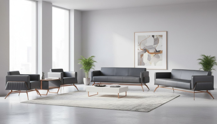 Hellgraue Leder Büromöbel Designer Arbeitszimmer Lehnsessel 3-Sitzer