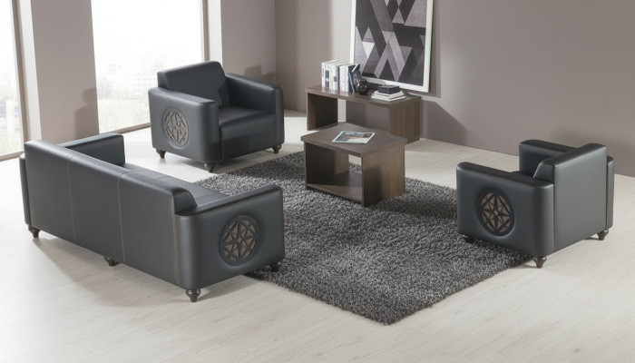 Arbeitszimmer-Set 4tlg Schwarz 3-Sitzer 2x Sessel Braun Couchtisch Modern