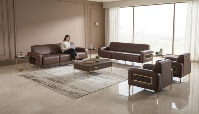 Edle Braune Arbeitszimmer Ledergarnitur Moderne Dreisitzer Sofas Sessel