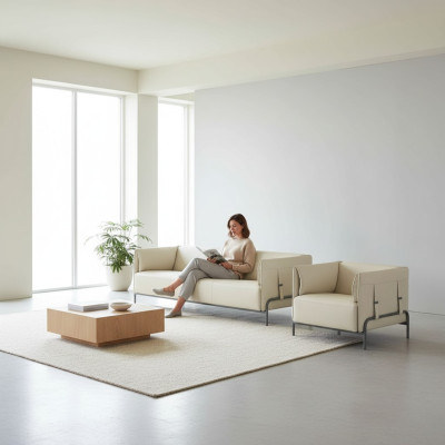 Arbeitszimmer-Set 2tlg 3-Sitzer Sessel Beige Einfarbig Kissen Wohnzimmer