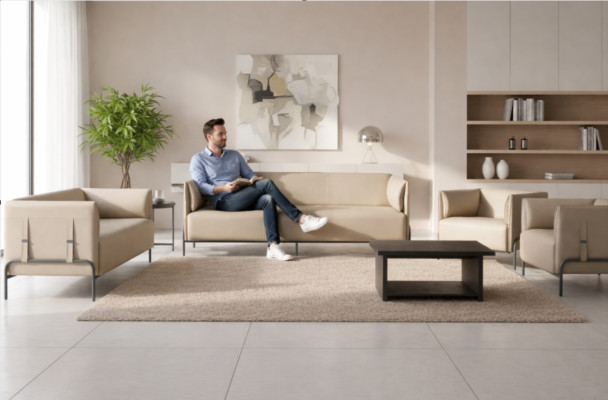 Arbeitszimmer-Set 5tlg Beige 3-Sitzer 2-Sitzer 2x Sessel Grau Couchtisch