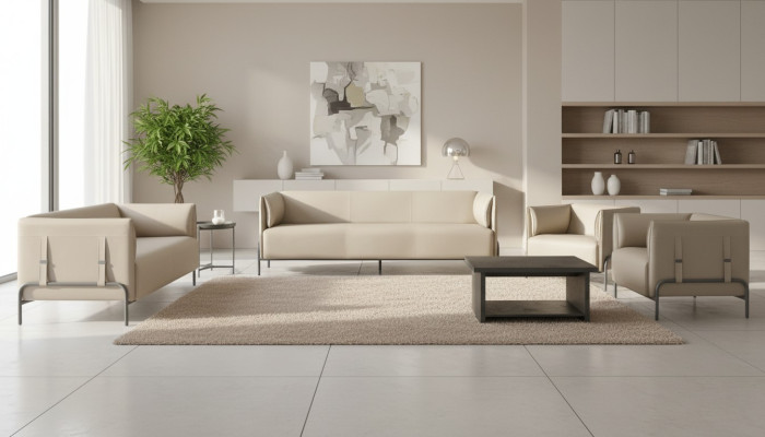 Arbeitszimmer-Set 5tlg Beige 3-Sitzer 2-Sitzer 2x Sessel Grau Couchtisch