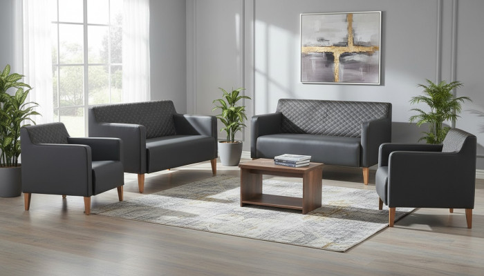 Arbeitszimmer-Set 5tlg Schwarz 2x 2-Sitzer 2x Sessel Braun Couchtisch