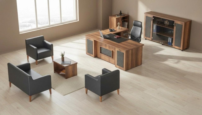 Schwarz-Braune Arbeitszimmer Garnitur Schreibtisch Sideboard Sofa Sessel