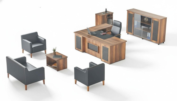 Schwarz-Braune Arbeitszimmer Garnitur Schreibtisch Sideboard Sofa Sessel