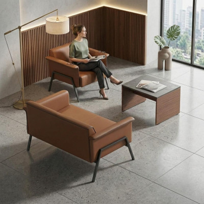Braune Bürogarnitur Designer Holz Tisch Einzelsitzer Zweisitzer Möbel