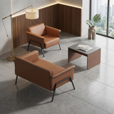 Braune Bürogarnitur Designer Holz Tisch Einzelsitzer Zweisitzer Möbel
