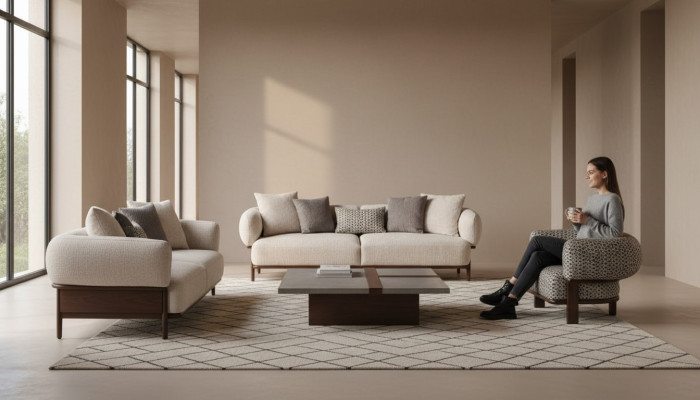 Graue Wohnzimmer Sofas Luxuriöser Lehnsessel Textilcouchen 2tlg Garnitur